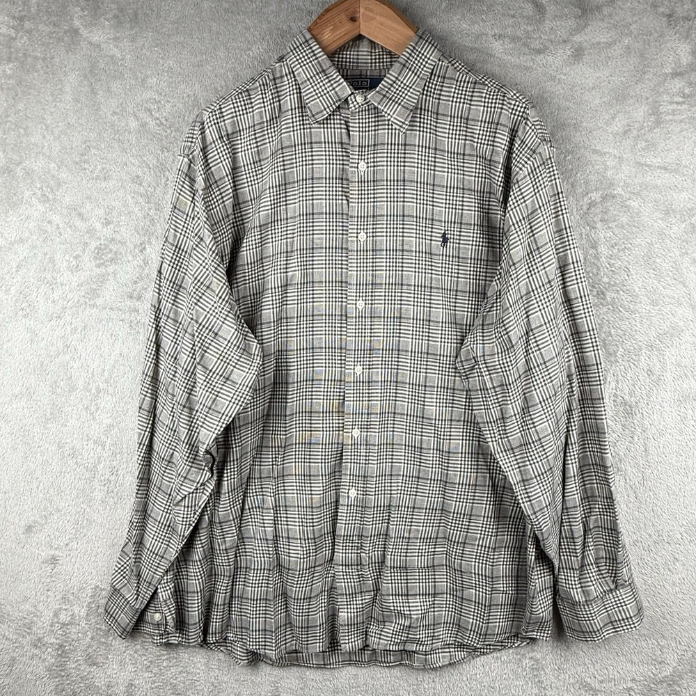 Polo Ralph Lauren Button Down Shirt Mens 2XL Gray Plaid L/S Lowell Sport Cotton